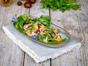 Chestnut salad with grapes, orange, lamb's lettuce and pomegranate in an elongated bowl on a cloth, untreated wooden table with chestnuts, peels and chervil Chestnut salad with grapes, orange, lamb's lettuce and pomegranate in an elongated bowl on a cloth, untreated wooden table with chestnuts, peels and chervil